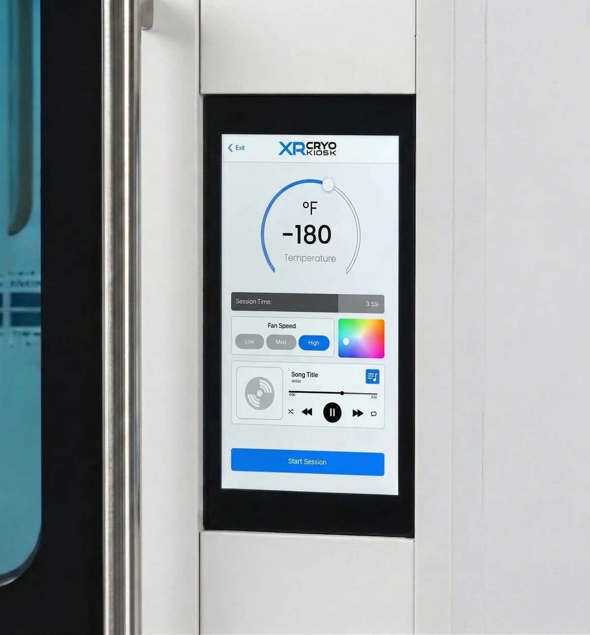 The XR Cryo Kiosk touchscreen with music control