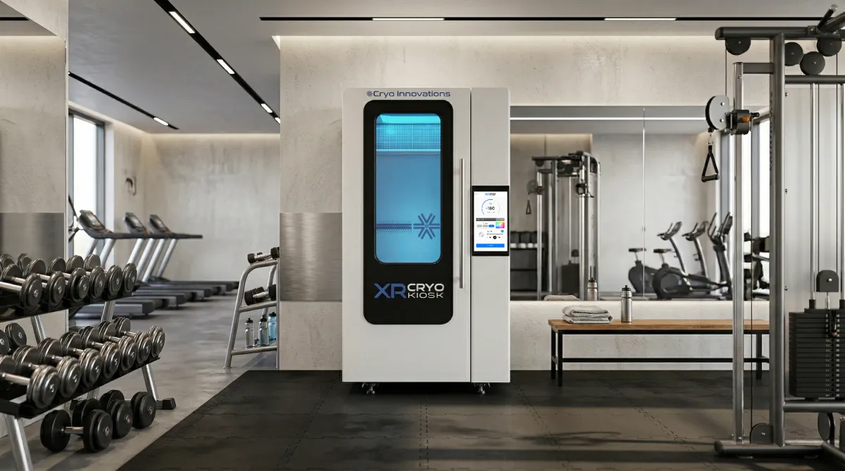 The full XR Cryo Kiosk autonomous electric cryotherapy chamber installed in a gym