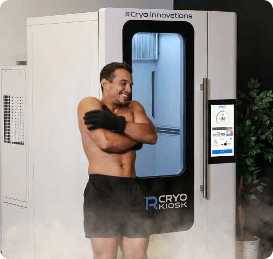 A client leaving the XR Cryo Kiosk after a session